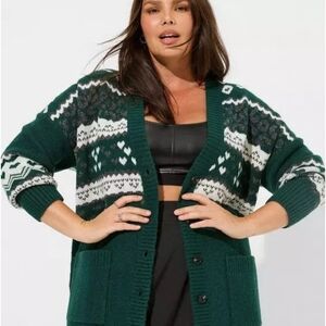 Torrid Size 4 Green Boyfriend Sweater Vegan Cashmere Cardigan Hearts & Leopard